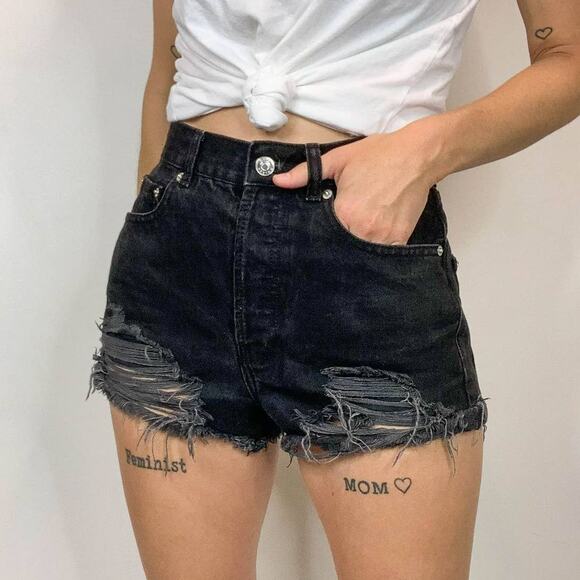 ASOS distressed denim shorts high rise black 100% cotton grunge biker 2981 - Picture 2 of 12